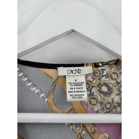 Cache Blouse Womens Medium Multicolor Chain Print Houndstooth Ruched Faux Wrap - Picture 7 of 16